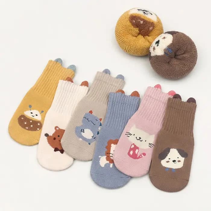 6 paires de chaussettes antidérapantes adhésives tricotées en laine, chaudes et épaisses, avec motif de dessin animé mignon, chaussettes de marche pour enfants