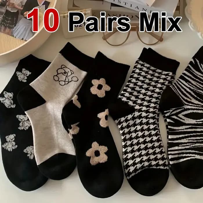 5/10 paires femmes mignon petit ours mi-mollet chaussettes à la mode fleur imprimé Floral doux confortable printemps automne chaussettes décontractées