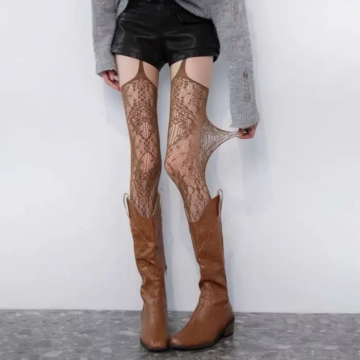 Bas résille marron imprimés pour femmes, chaussettes Sexy café ajourées, cuisses hautes, gothique, Lolita japonaise, chaussettes longues au dessus du genou, nouvelle collection