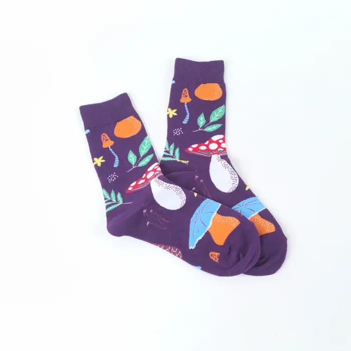 1 paire de chaussettes mi-mollet unisexes à motif de champignon coloré