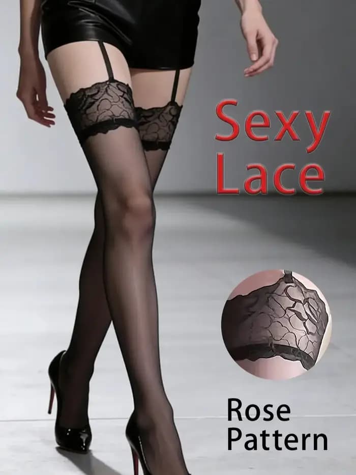 Chaussettes hautes noires transparentes pour femmes avec détails en dentelle et porte-jarretelles, bas polyvalents pour assortir aux jupes et au quotidien