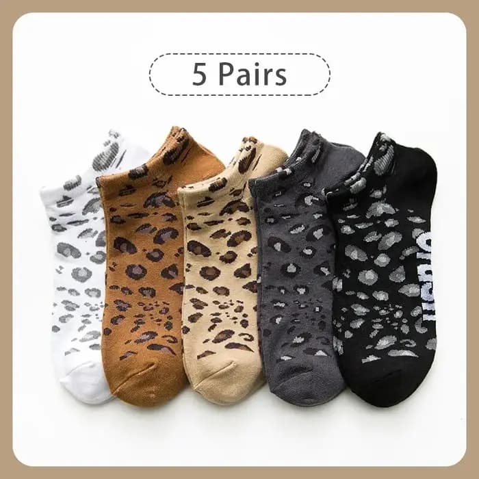 5 paires de chaussettes basses de sport en coton imprimé léopard pour femmes