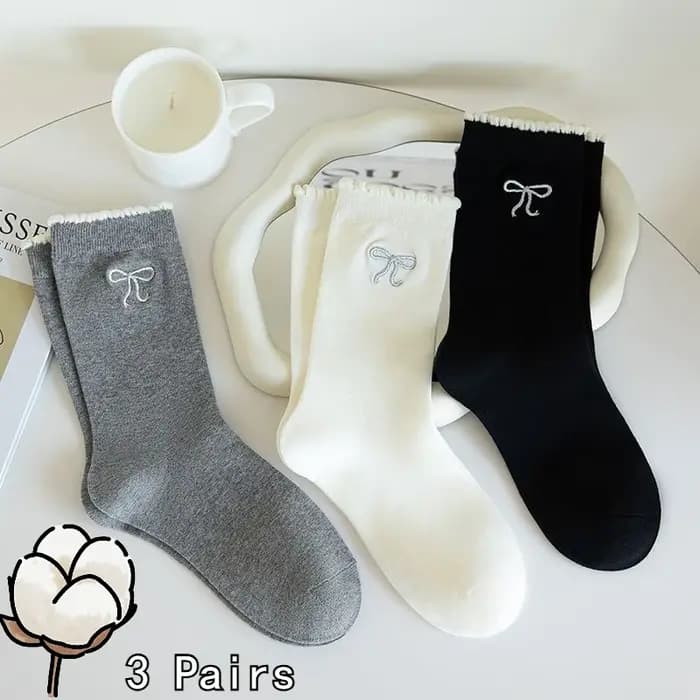 3 paires de chaussettes en coton style ballet avec nœud en dentelle pour femme
