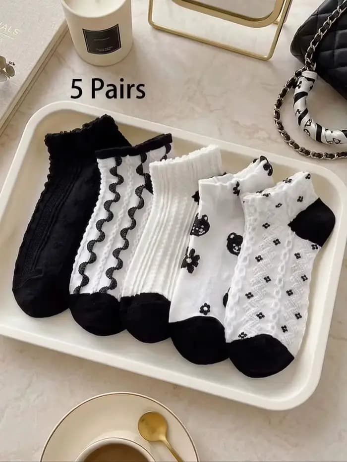5 paires de chaussettes pour femmes, accessoires féminins, chaussettes courtes, noires, pas chères,