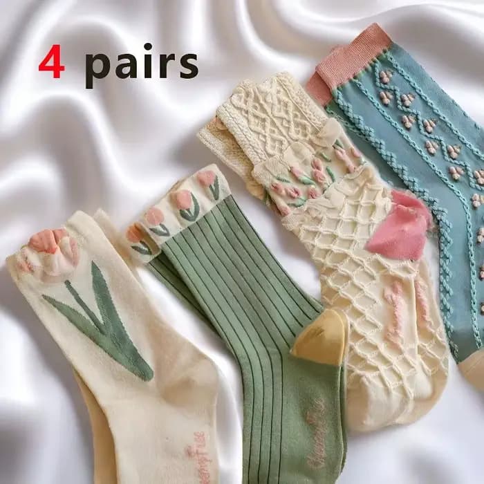 4 paires de chaussettes florales ensemble femmes mignon fleur géométrique 3D texturé cheville Cottagecore