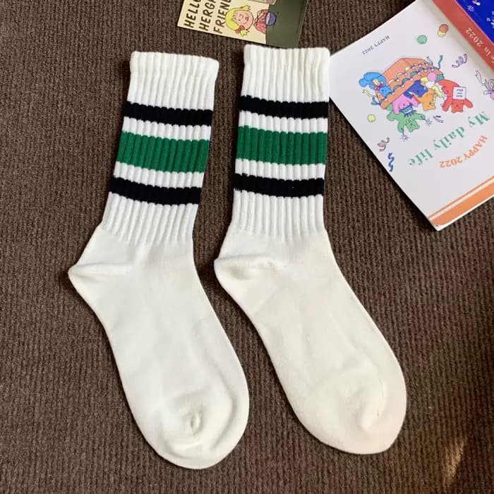 Chaussettes de sport mi-hautes rayées pour hommes, style vintage unisexe, en coton épais japonais, p