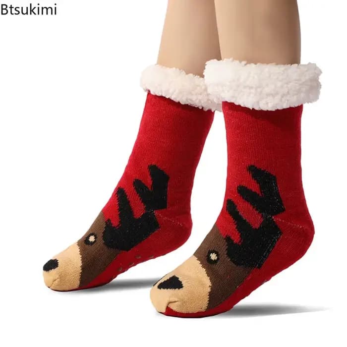 Chaussettes de sol chaudes d'hiver pour femmes, en peluche douce, antidérapantes, meubles courts, velours Extra épais, dessin animé, chaussettes de noël pour dames