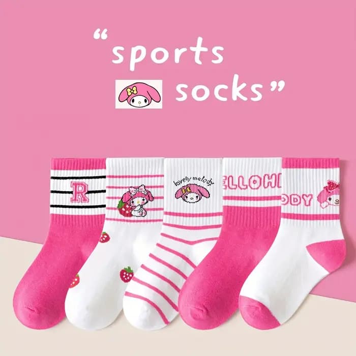5 paires de chaussettes roses My Melody Strawberry – Mignonnes et adorables comme des fraises, idéales pour les adolescents qui adorent le confort adorable!