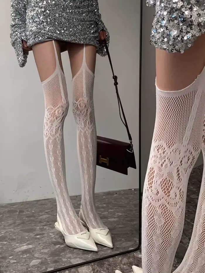Chaussettes à bretelles en résille en dentelle ajourée pour femmes