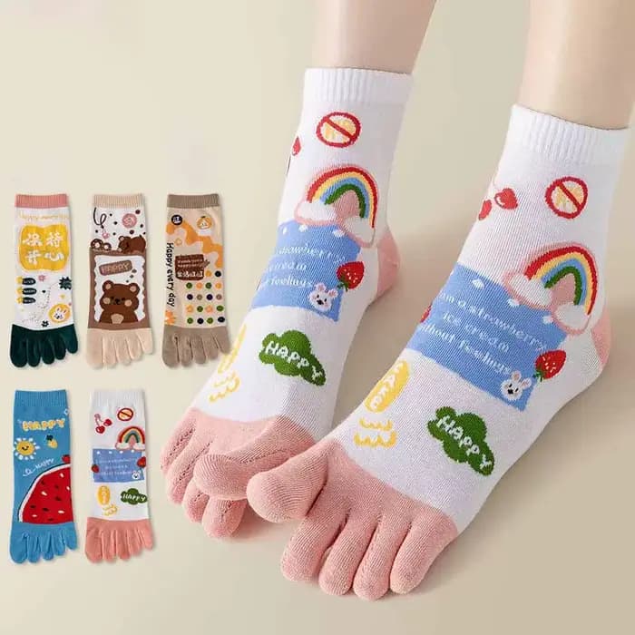 Chaussettes à cinq doigts pour femmes, en coton, motif ours de dessin animé, style Kawaii, amusantes et mignonnes, mi-mollet, style sport, printemps-été