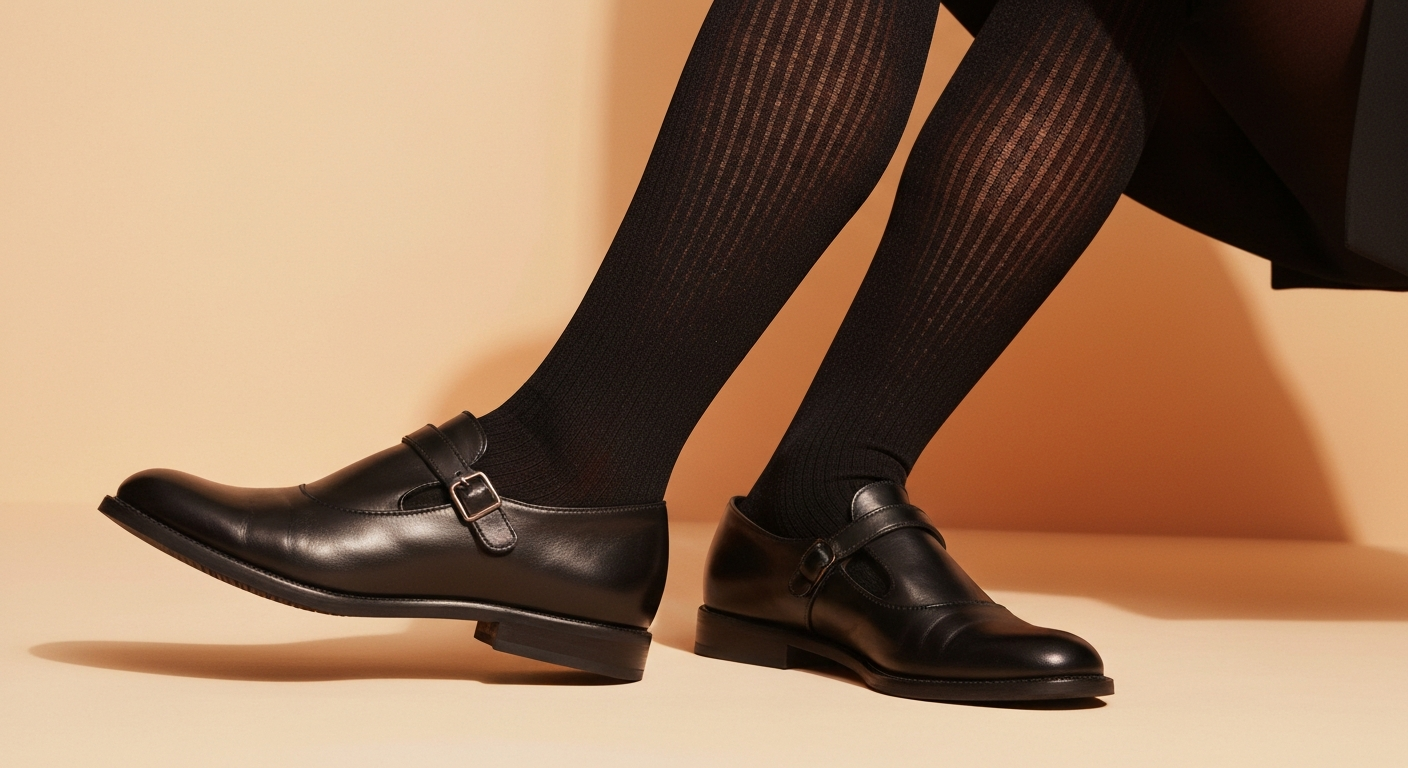 Collant opaque indigo porté avec souliers mary jane sur fond lin