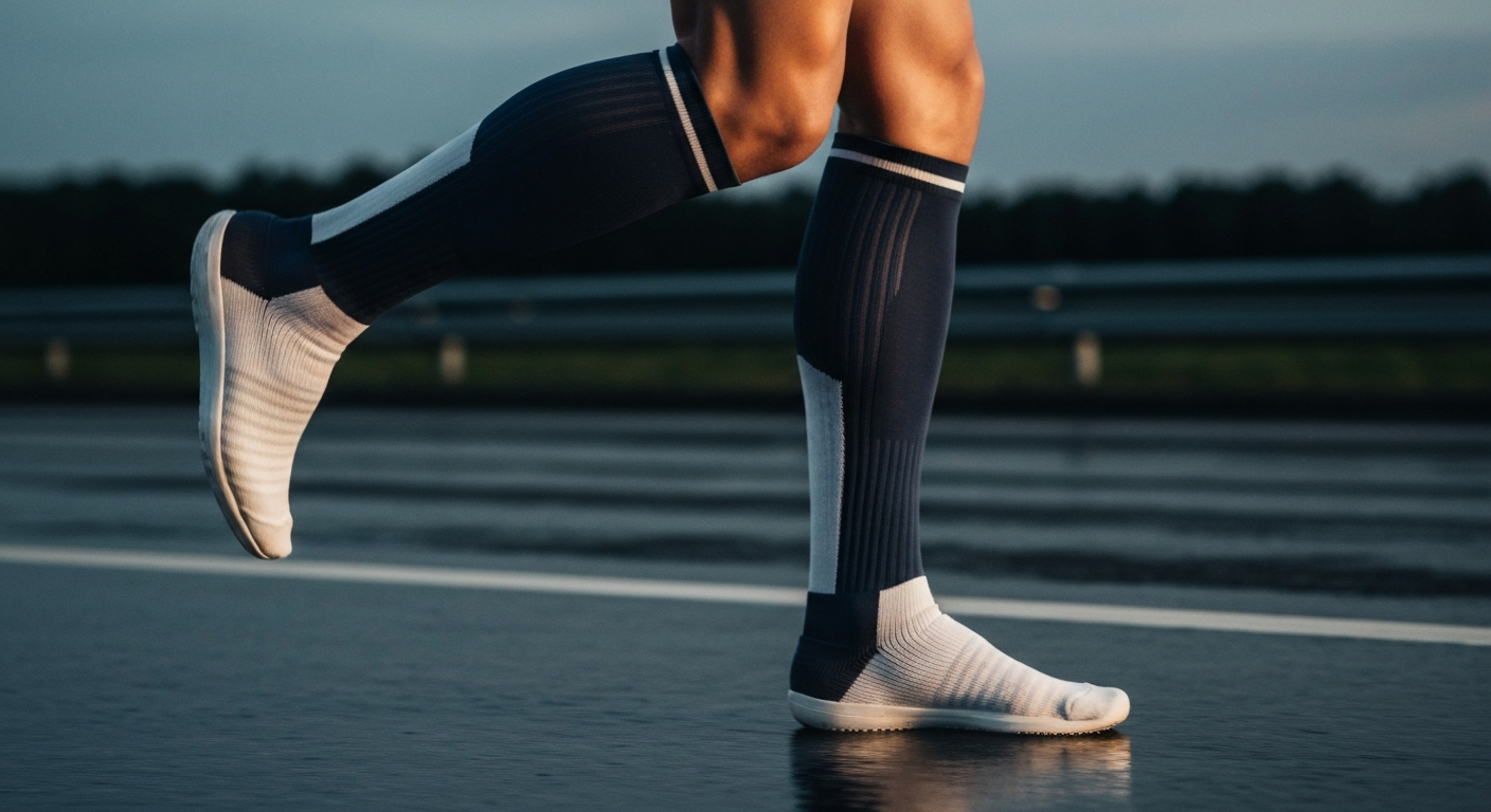 Chaussettes de compression running en pleine foulée sur asphalte mouillé au crépuscule
