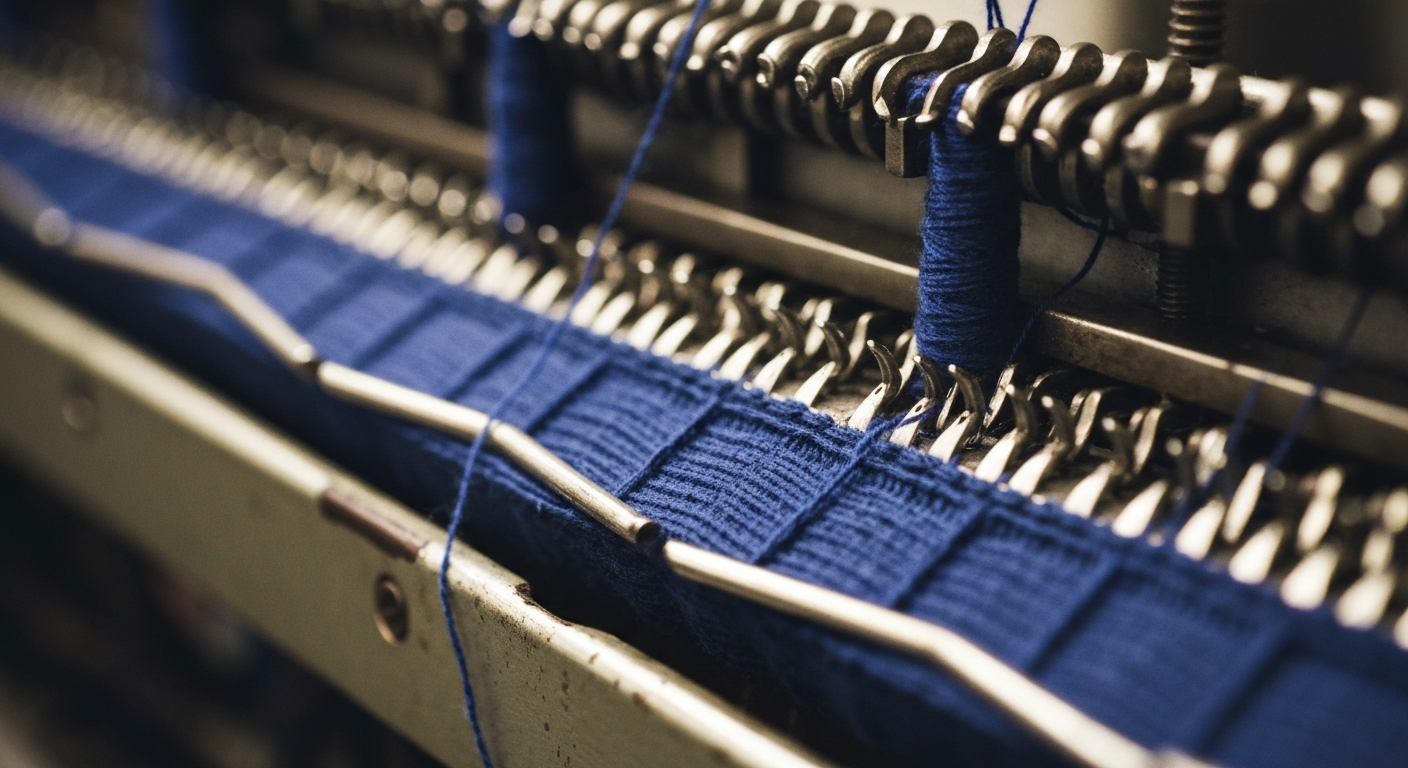Macro d'un fil de coton indigo en cours de tricotage sur métier circulaire